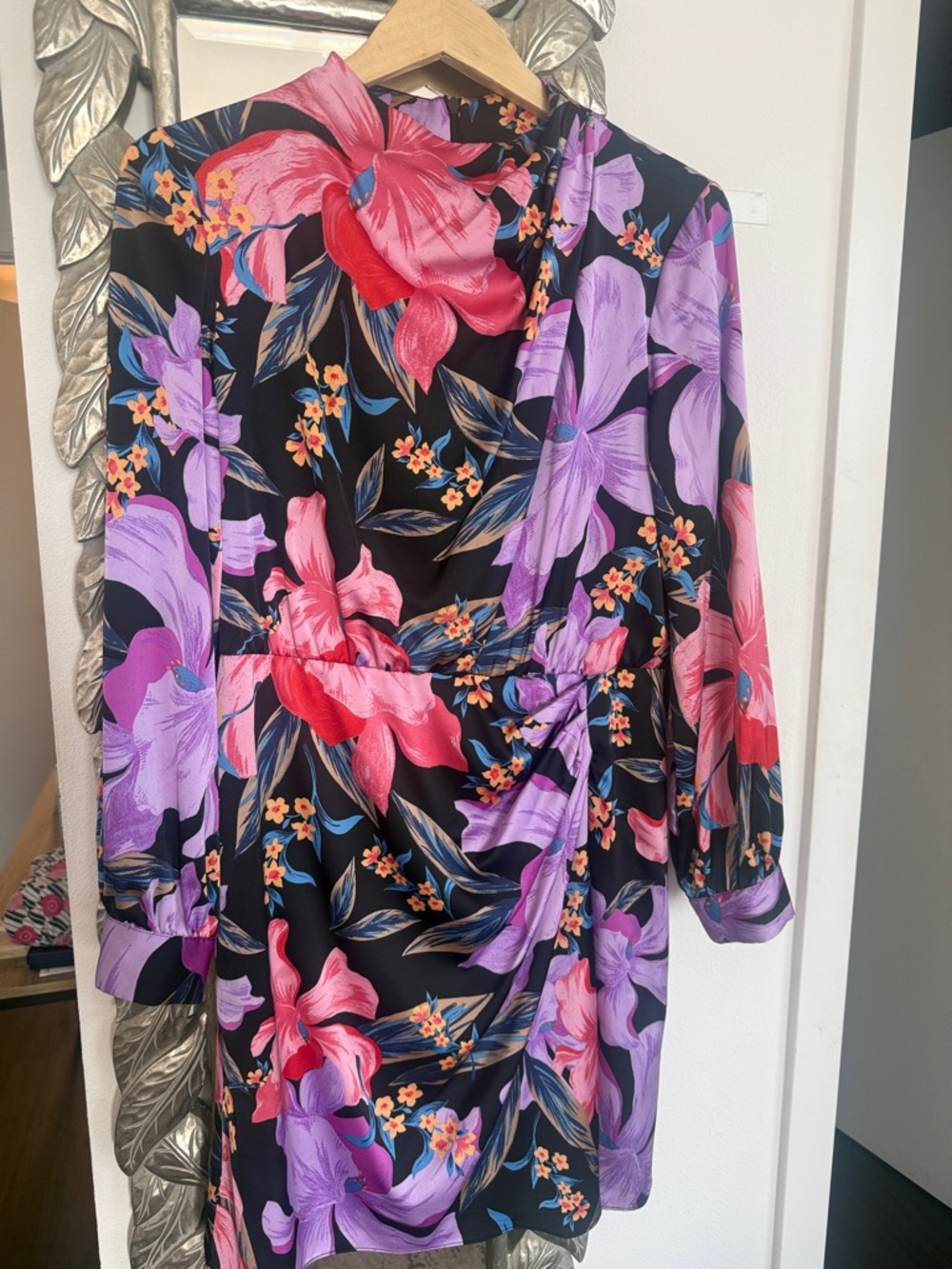 Donna Morgan Black Midi Dress with Pink and Purple Floral Print
